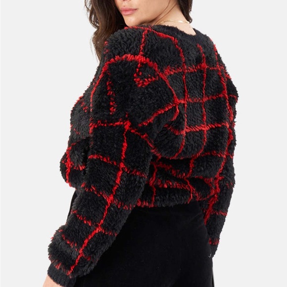 RtA Black and Red Grid Fuzzy Christmas Holiday Cardigan - Picture 5 of 6